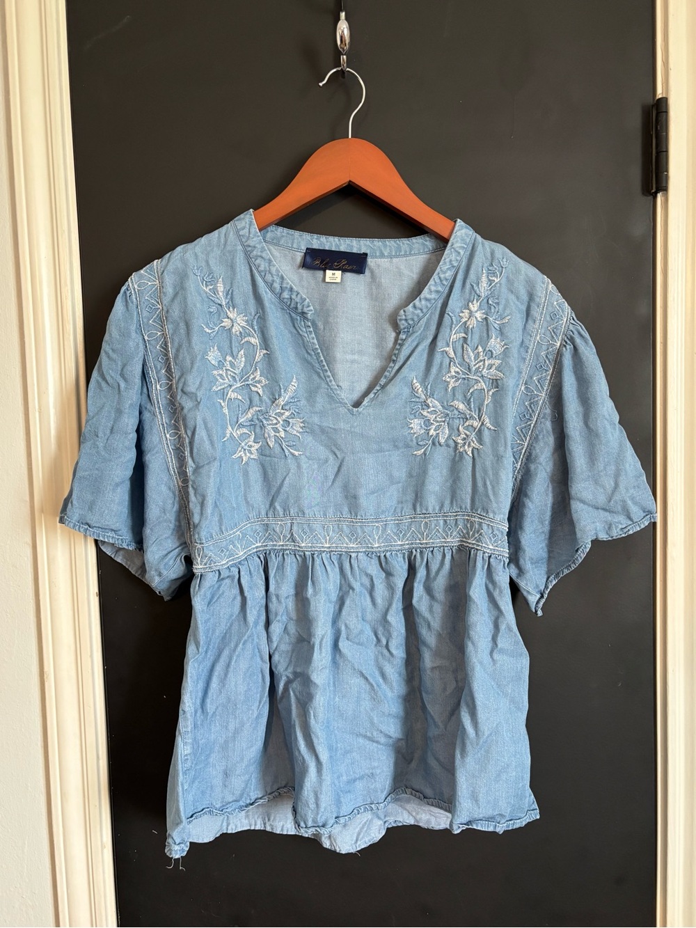 Blue Rain Light Blue Embroidered V-Neck Tunic Top